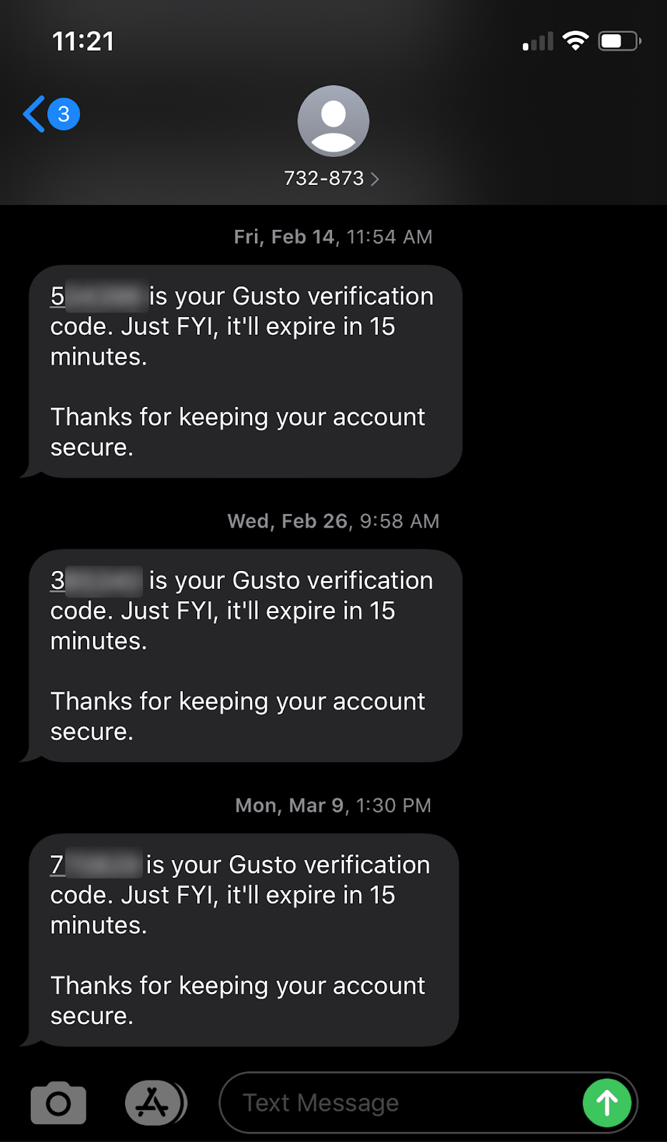 SMS Marketing Example Security code 